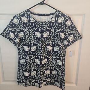 Talbots Navy and White Floral Blouse